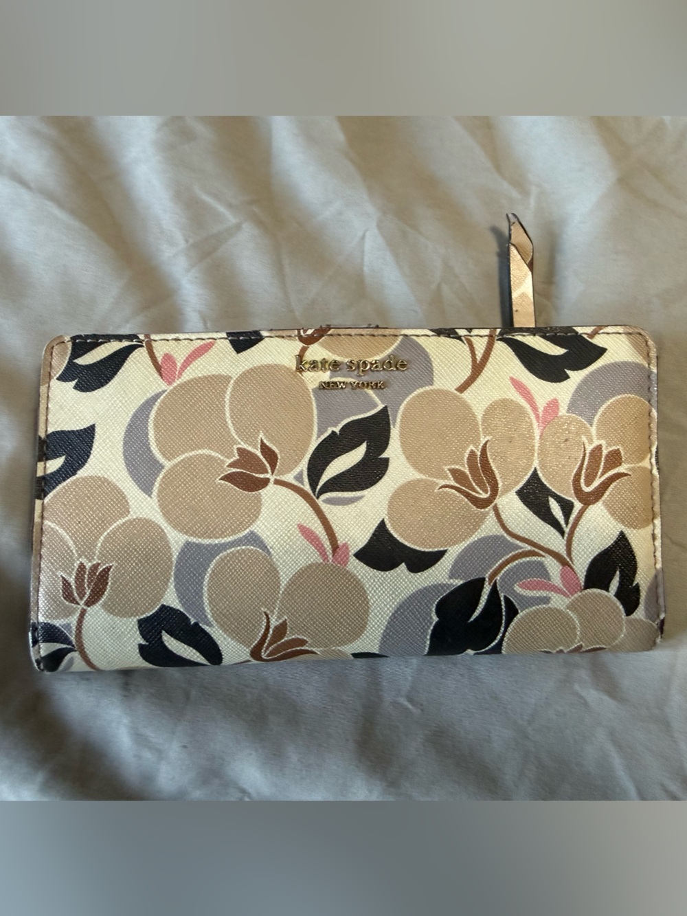 kate spade Floral Zip Around Wallet - Beige, Black & Pink Accents